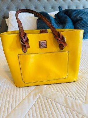 Dooney & Bourke Smooth Yellow Leather Shopper Tote Bag with Braided Handles